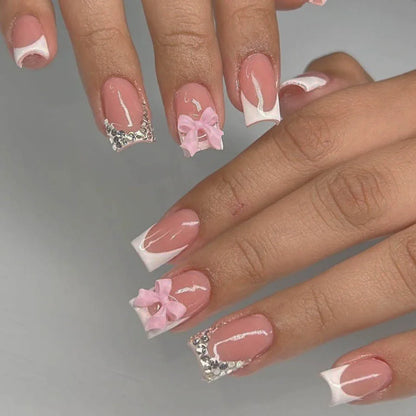 Pink French Style Fake Nails 3D Bowknot Designs