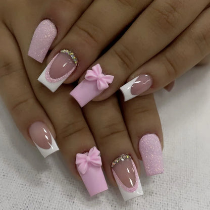 Pink French Style Fake Nails 3D Bowknot Designs