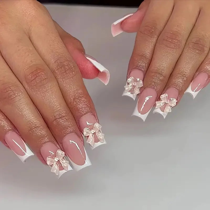 Pink French Style Fake Nails 3D Bowknot Designs