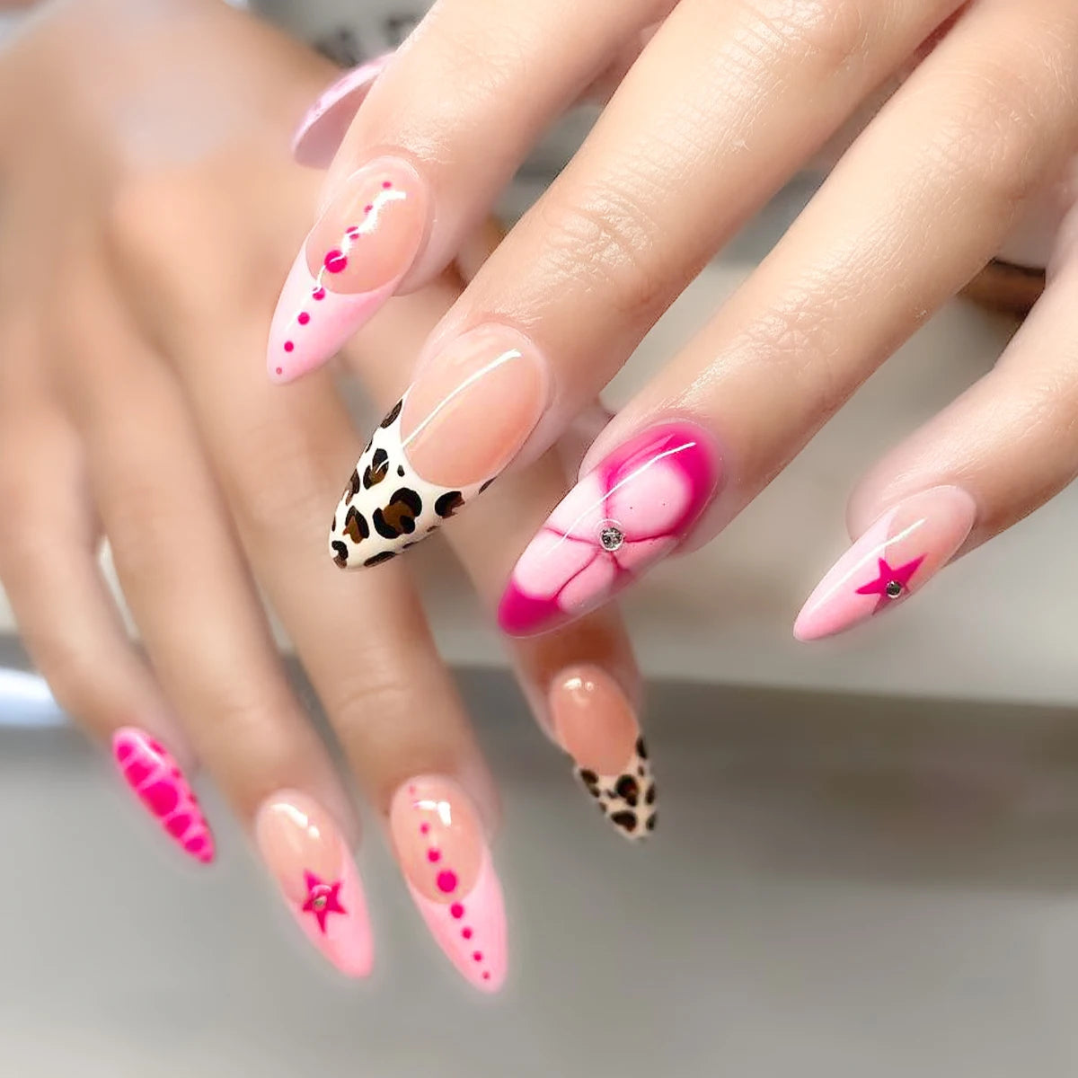 Pink French Style Fake Nails 3D Bowknot Designs