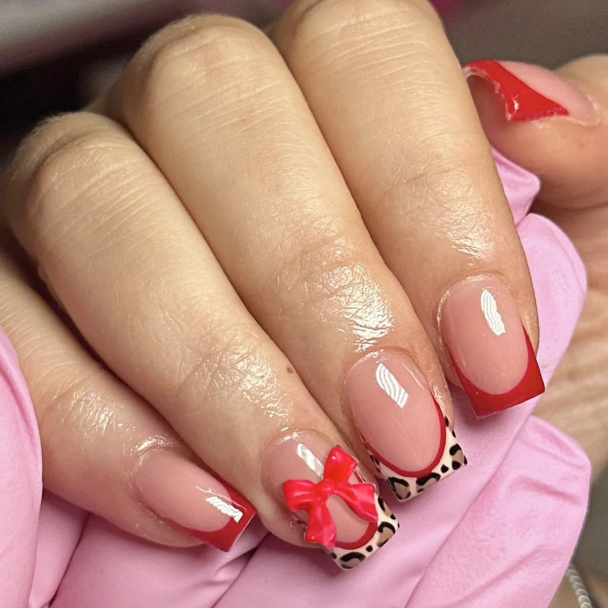 Pink French Style Fake Nails 3D Bowknot Designs