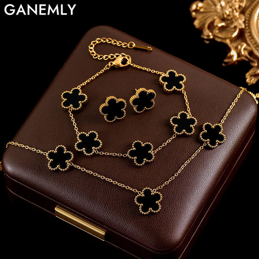 GANEMLY Five Leaf Clover Flower Necklace Bracelet Earrings Set