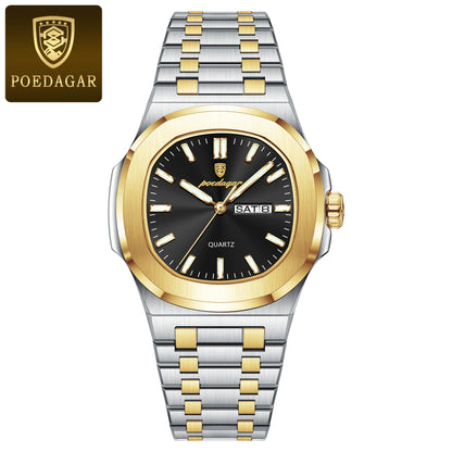 POEDAGAR Luxury Military Man Square Waterproof Stainless Steel Quartz Watches