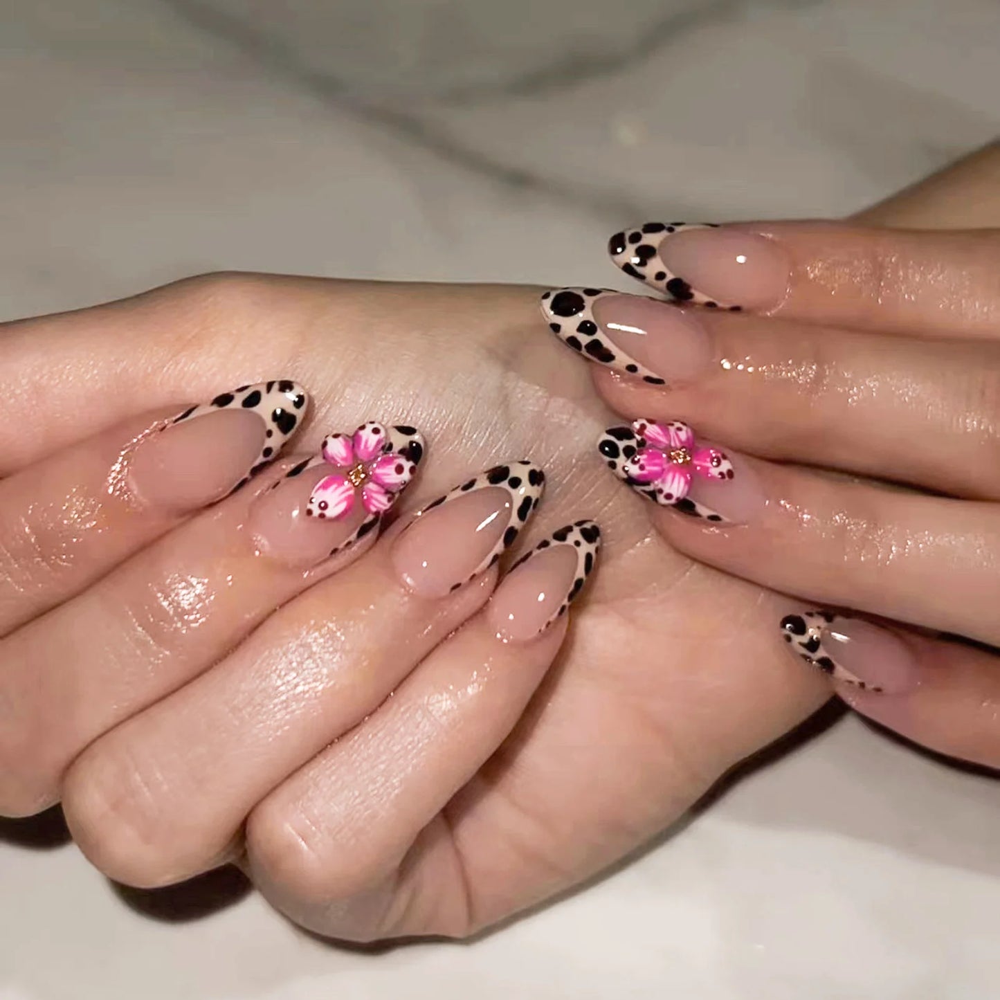 Pink French Style Fake Nails 3D Bowknot Designs