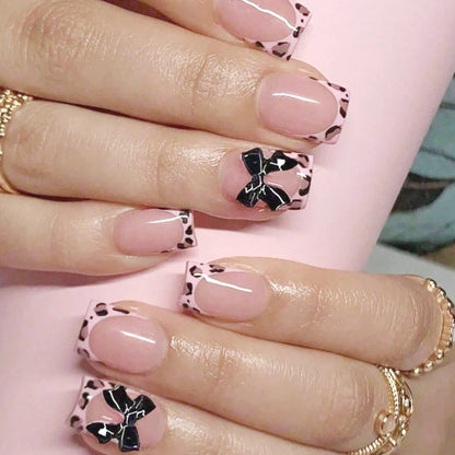 Pink French Style Fake Nails 3D Bowknot Designs