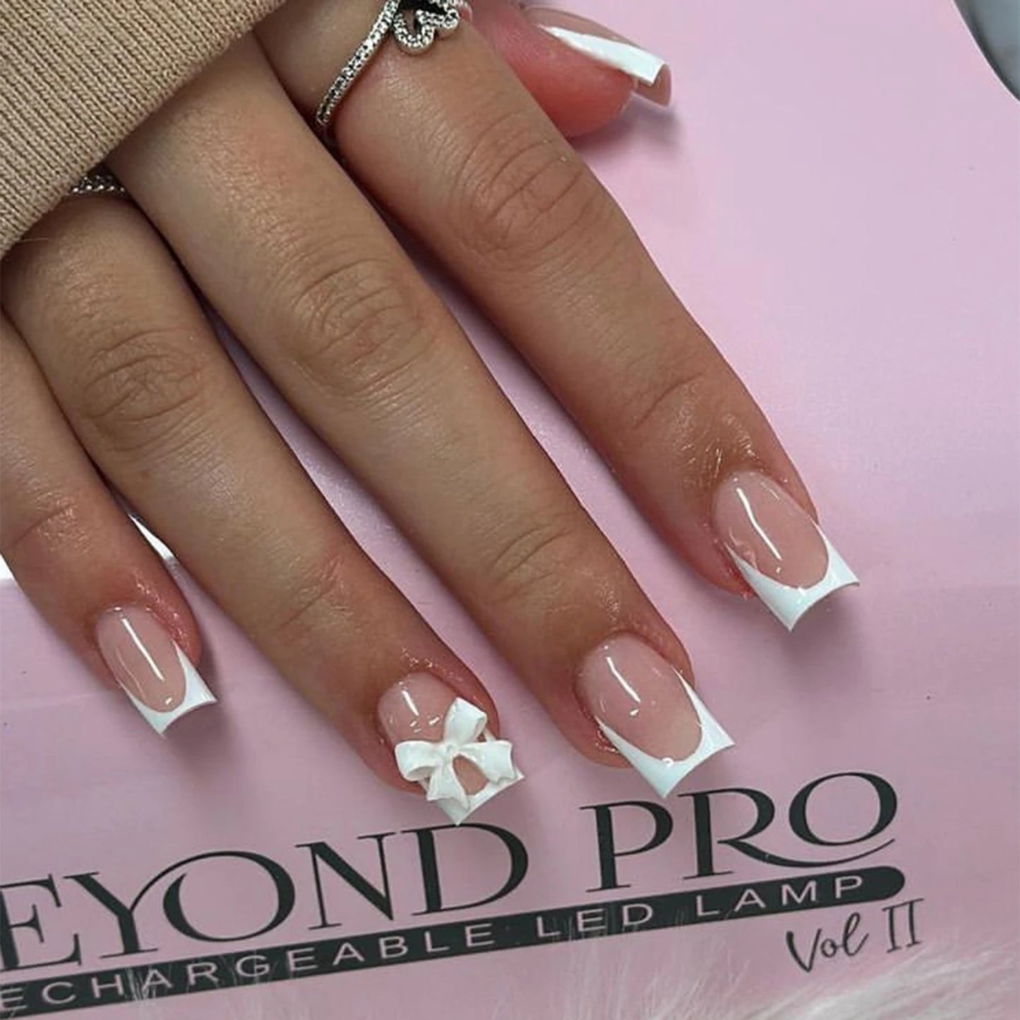 Pink French Style Fake Nails 3D Bowknot Designs