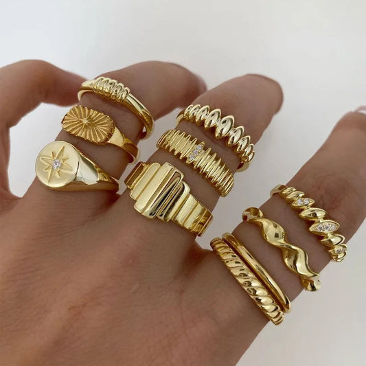 Trendy Gold Color Geometric Cuff Rings Set, Adjustable Finger Ring