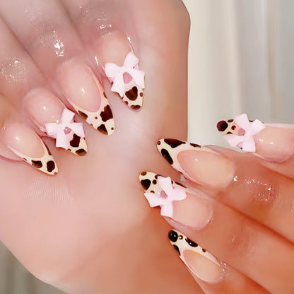 Pink French Style Fake Nails 3D Bowknot Designs