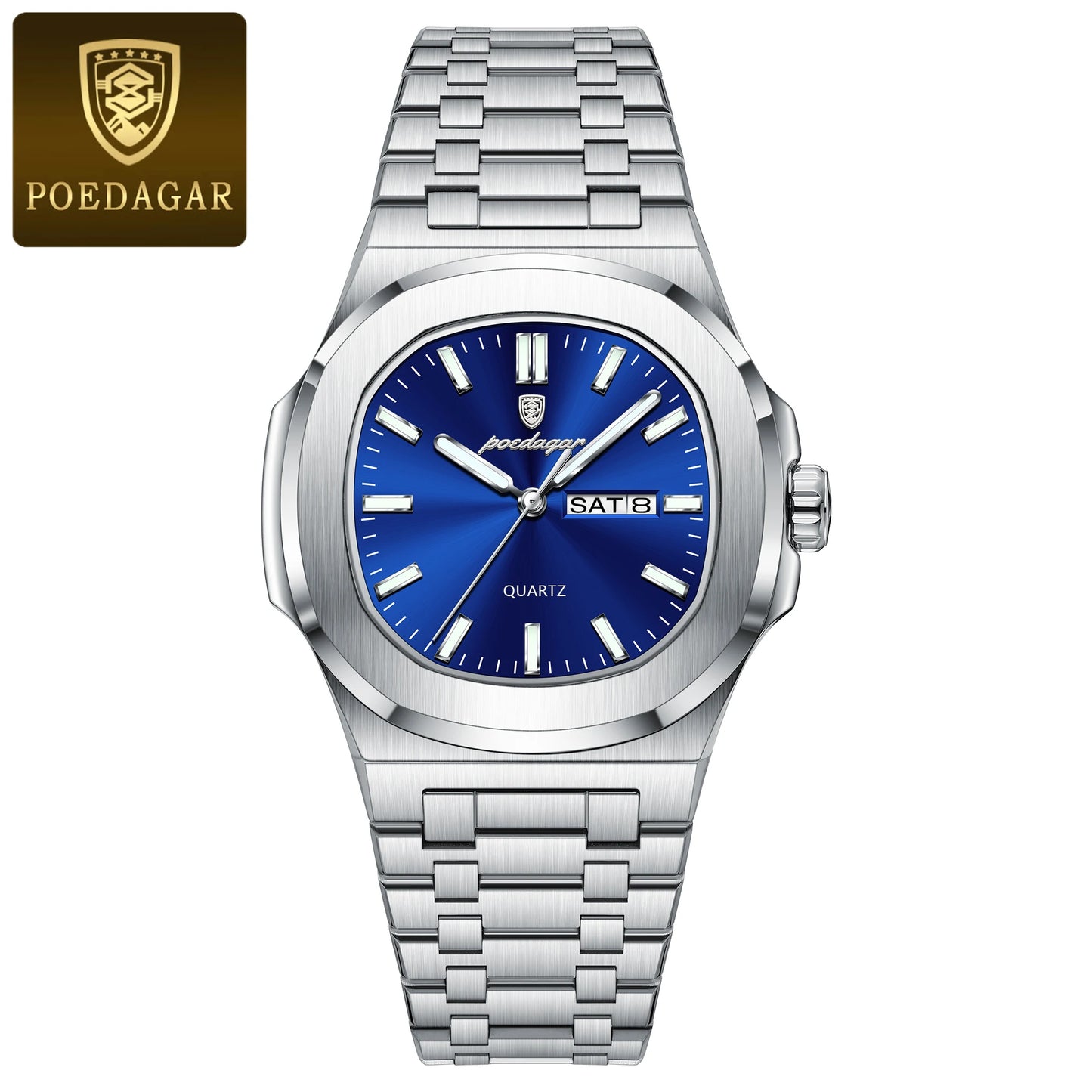 POEDAGAR Luxury Military Man Square Waterproof Stainless Steel Quartz Watches