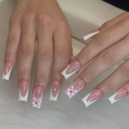 Pink French Style Fake Nails 3D Bowknot Designs