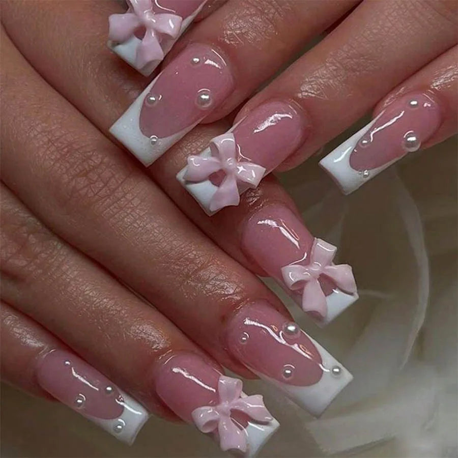 Pink French Style Fake Nails 3D Bowknot Designs