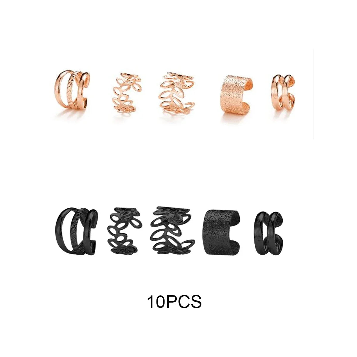 Leaves Clip Earrings Rose, Gold and Black Color. Creative Simple C Ear Cuff (Non-Piercing Clips Set)