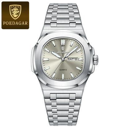 POEDAGAR Luxury Military Man Square Waterproof Stainless Steel Quartz Watches