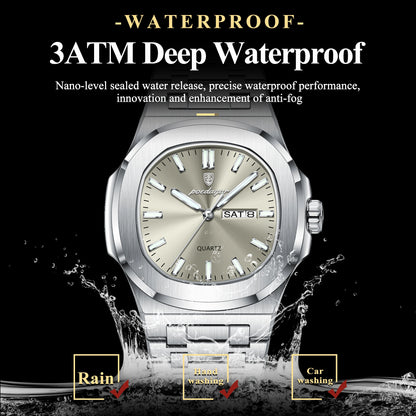 POEDAGAR Luxury Military Man Square Waterproof Stainless Steel Quartz Watches