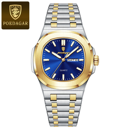 POEDAGAR Luxury Military Man Square Waterproof Stainless Steel Quartz Watches