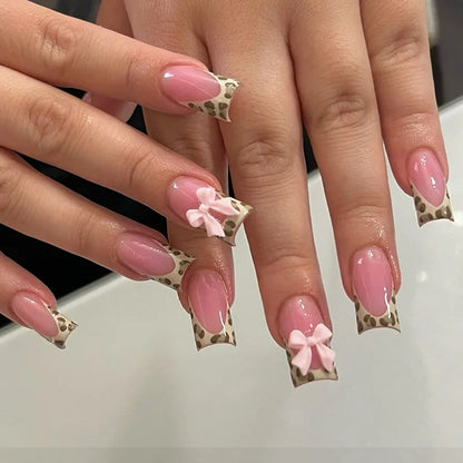 Pink French Style Fake Nails 3D Bowknot Designs