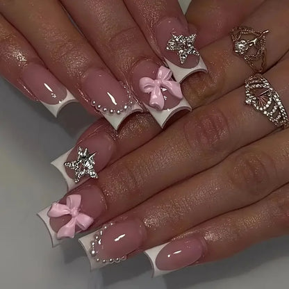 Pink French Style Fake Nails 3D Bowknot Designs