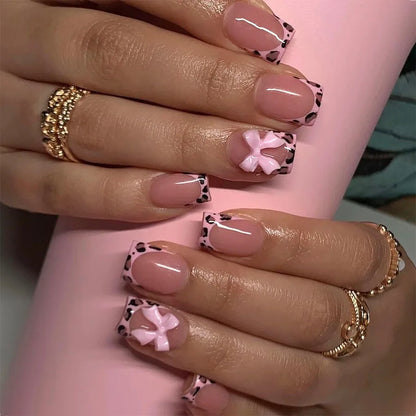 Pink French Style Fake Nails 3D Bowknot Designs