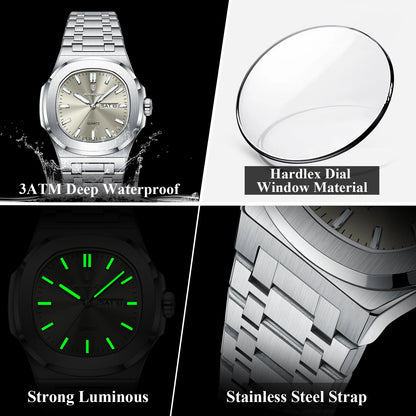 POEDAGAR Luxury Military Man Square Waterproof Stainless Steel Quartz Watches