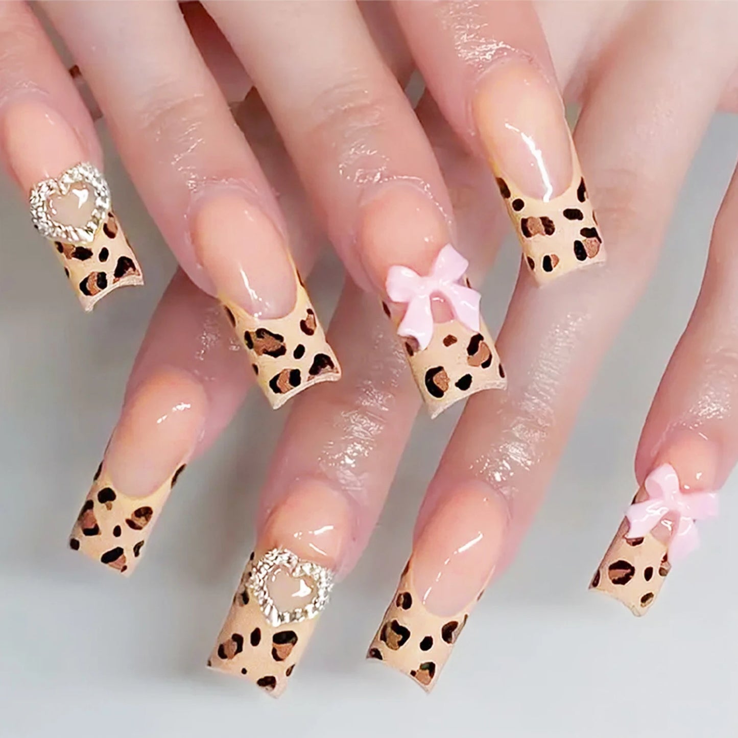 Pink French Style Fake Nails 3D Bowknot Designs